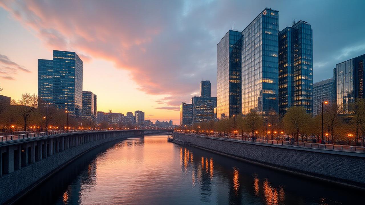 Architectural view of the Dublin International Financial Services Centre at dusk